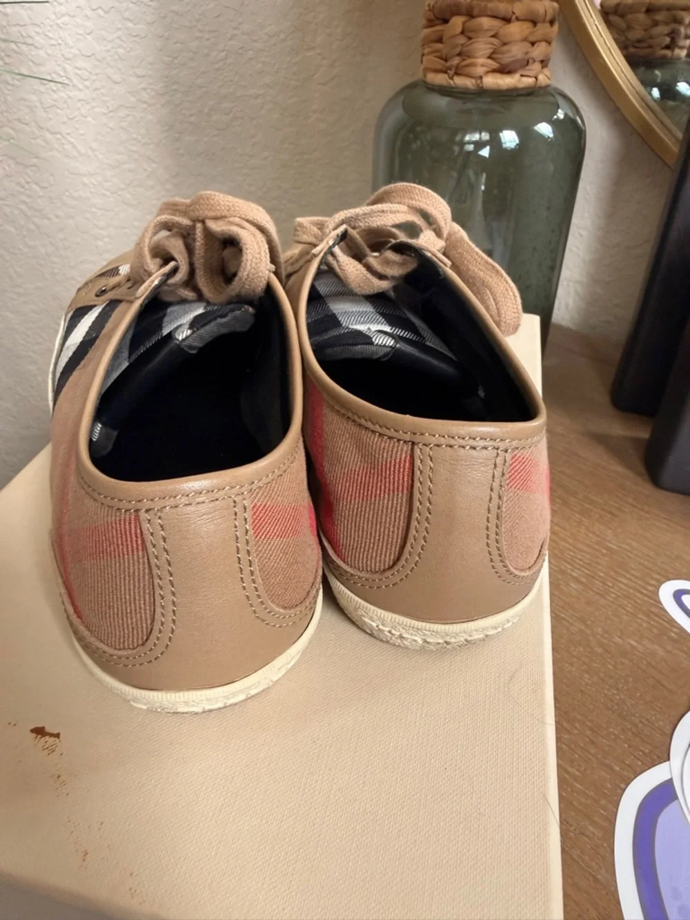Burberry Tan Plaid Low-Top Sneakers - Picture 2 of 8